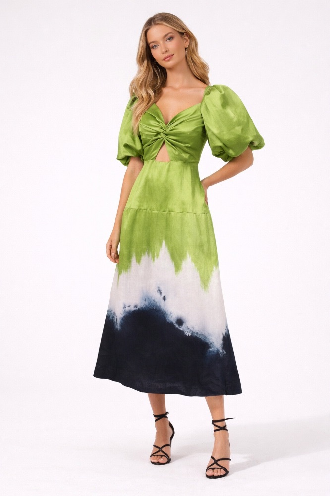 Aje Green Puff Sleeve Ombre Midi Dress - Wedding Guest by Aje - Pickle