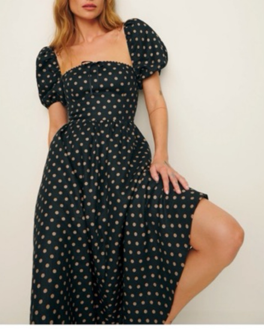 reformation malvina linen puff-sleeve mini dress Reformation Malvina Linen Polka Dot Puff