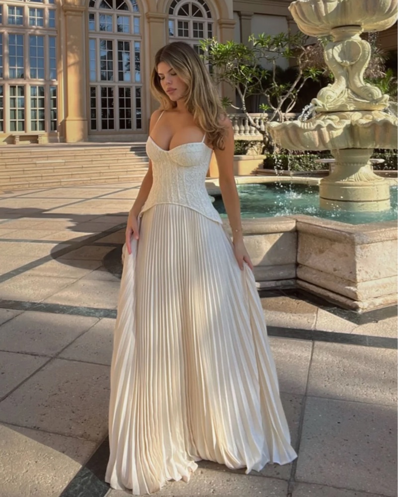 Daniella Lace Corset Pleated Maxi Dress Pickle