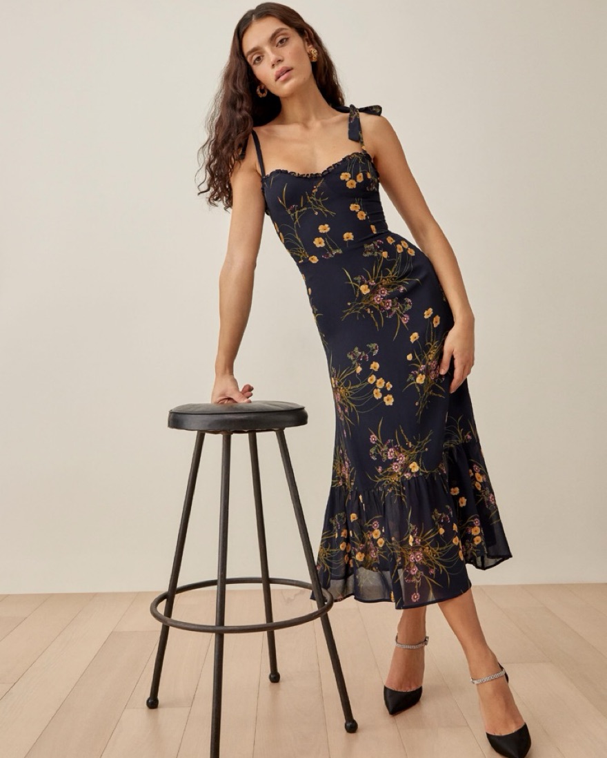 Reformation Navy Floral Midi Dress Pickle
