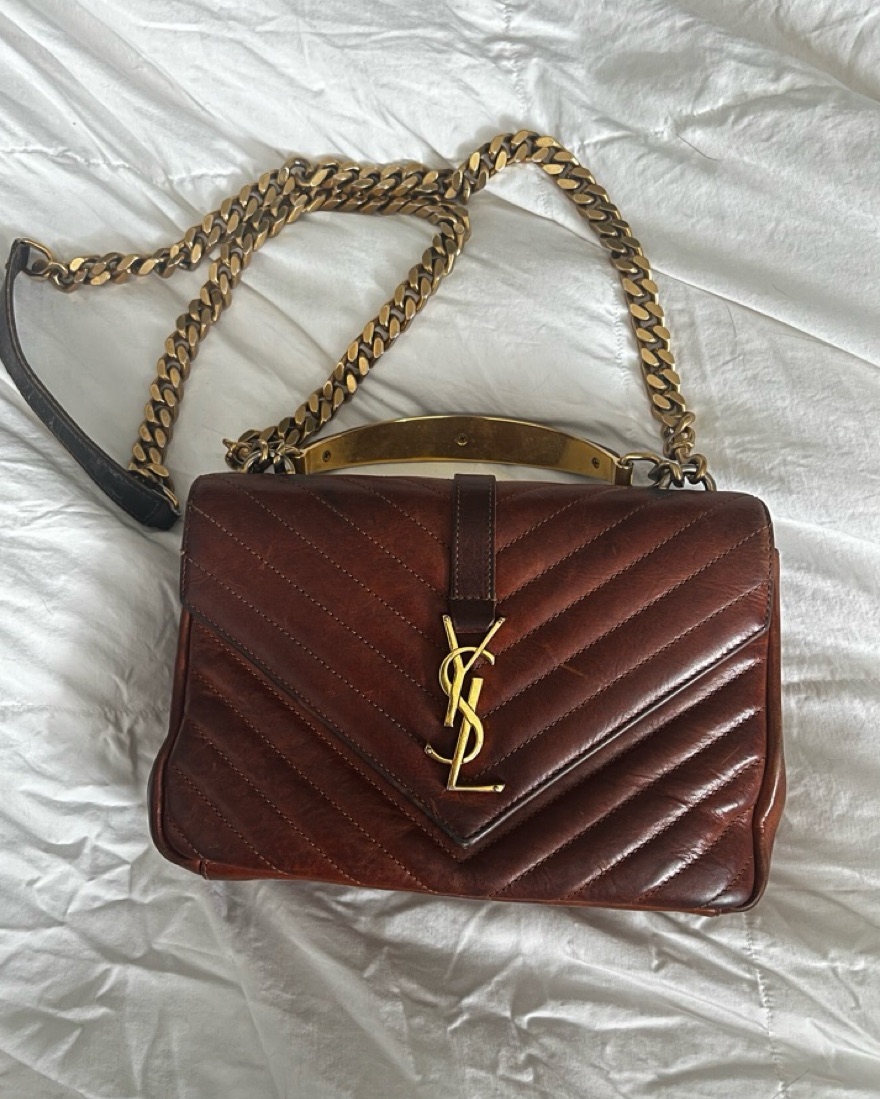 Brown YSL Leather Quilted Crossbody Bag Pickle