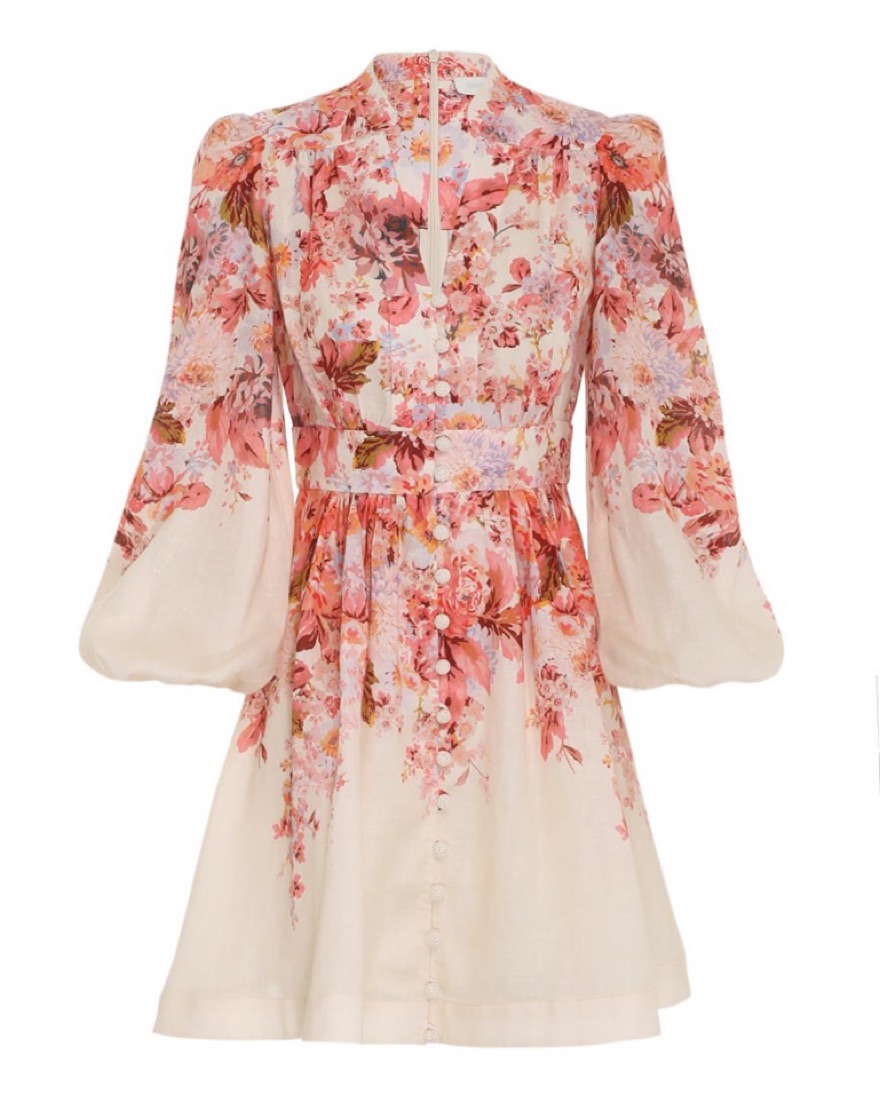 Zimmermann Devi Floral Plunge Mini Dress Pickle