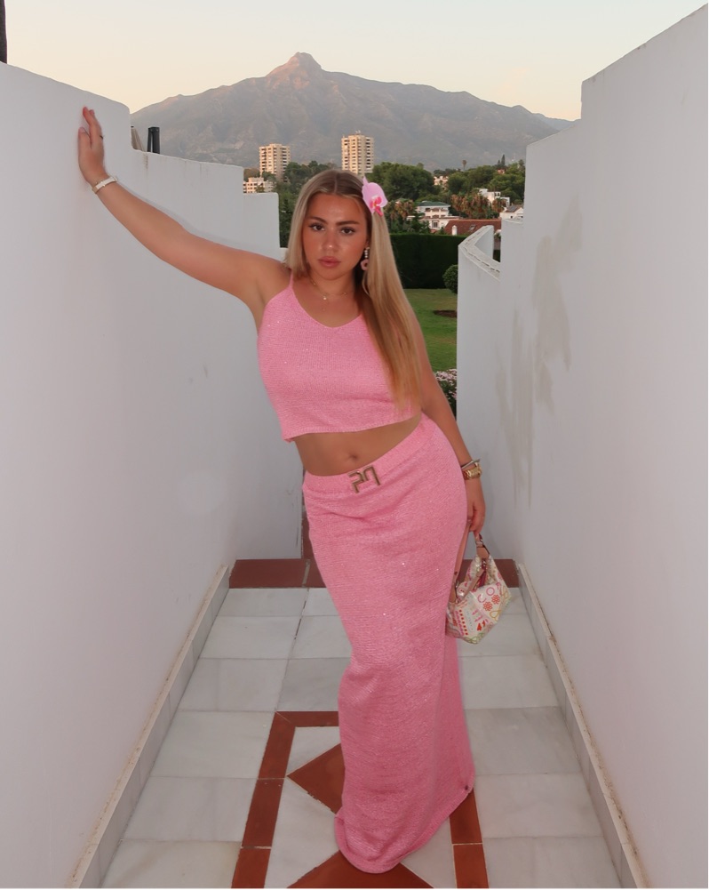 Shimmery Pink Knit Crop Top and Midi Skirt Set Pickle