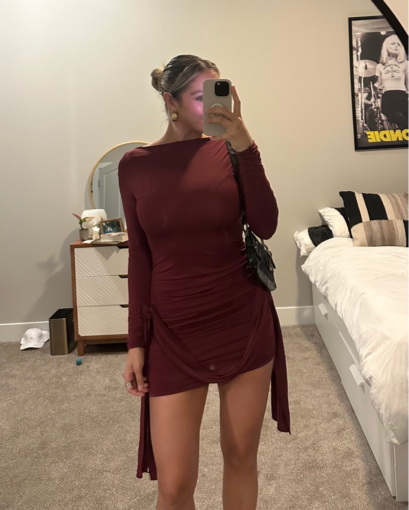 latex dresses POSTER GIRL Halter Ruched Maxi Dress look mini bodycon dress Shape A Color:Acorn Multi