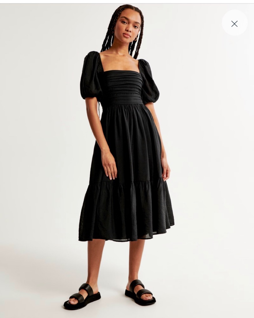 black emerson dress abercrombie Women's The A&F Emerson Poplin Puff Sleeve Midi Dress in Black Print | Size XS TALL