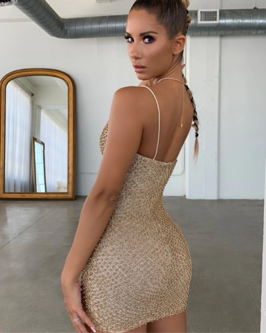 oh polly gold dress Oh Polly Gold Beaded Mesh Scoop Neck Bodycon Mini Dress Zip Straps Size 8