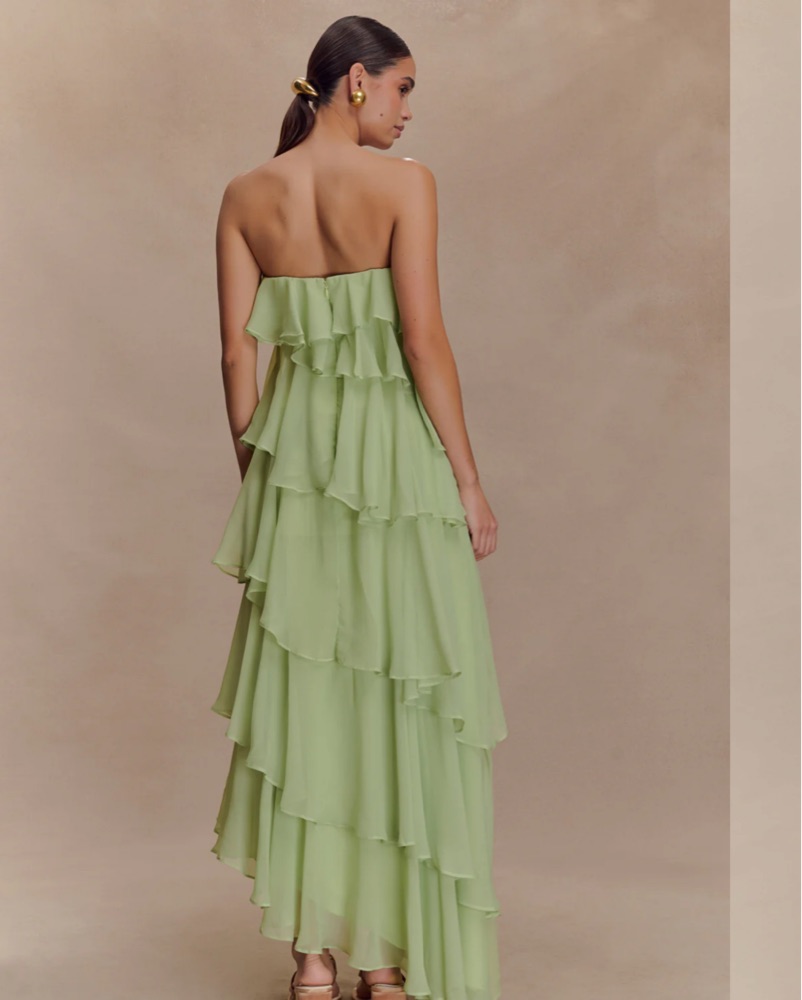 ruffle chiffon maxi dress Berylove Women Pink Chiffon A Line Ruffle Maxi Dress with Long Sleeves Tiered V Neck Backless Wedding Guest Dress, Pink / L main image 1