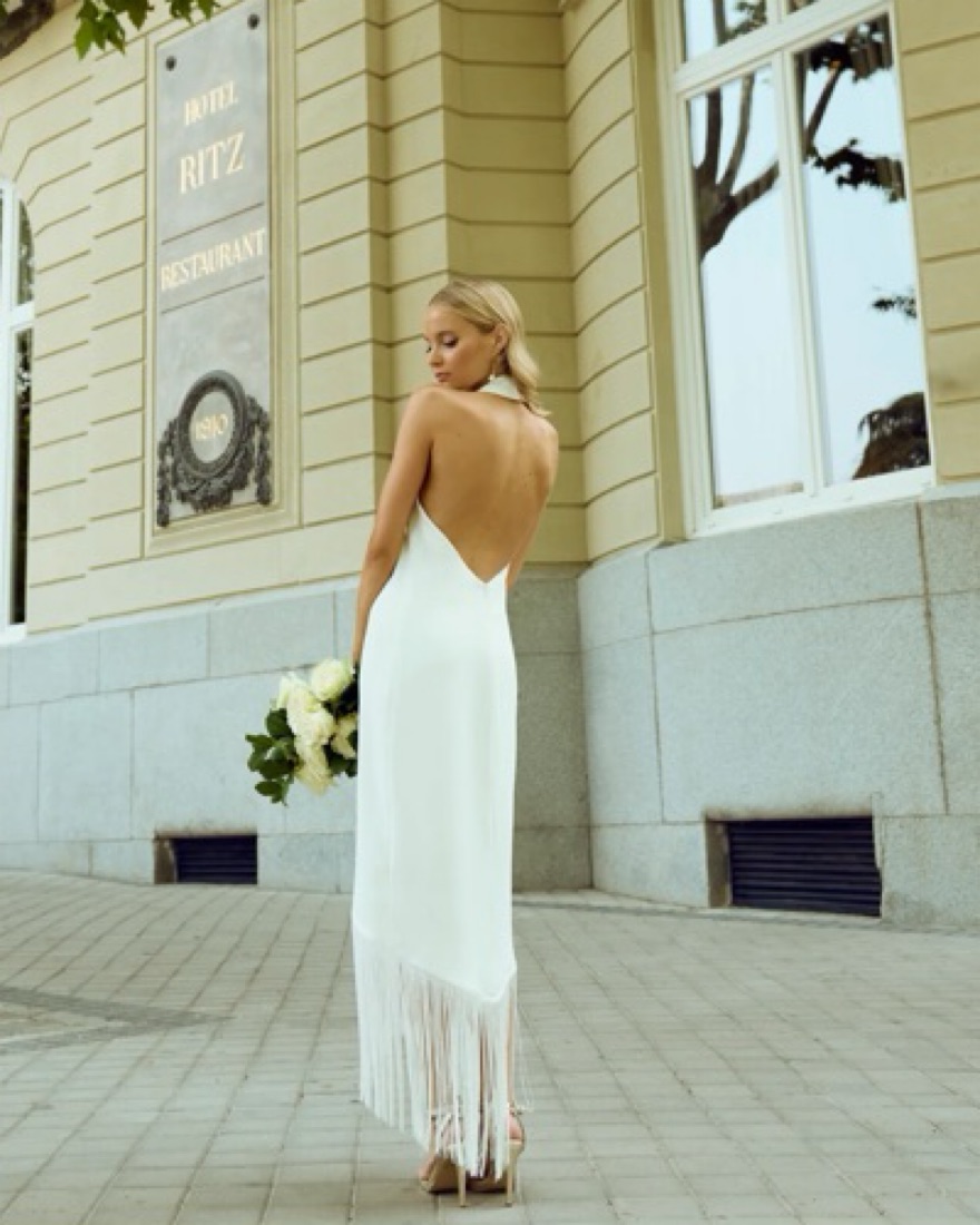 [RECTO] / ☆ 25SS FRINGE COLLAR HALTER NECK DRESS / IVORY Shop the Sinners Rosette Halter Neck Maxi Dress White