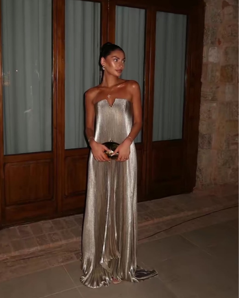 L'Idee Gold Pleated Black Tie Gown by L'idee