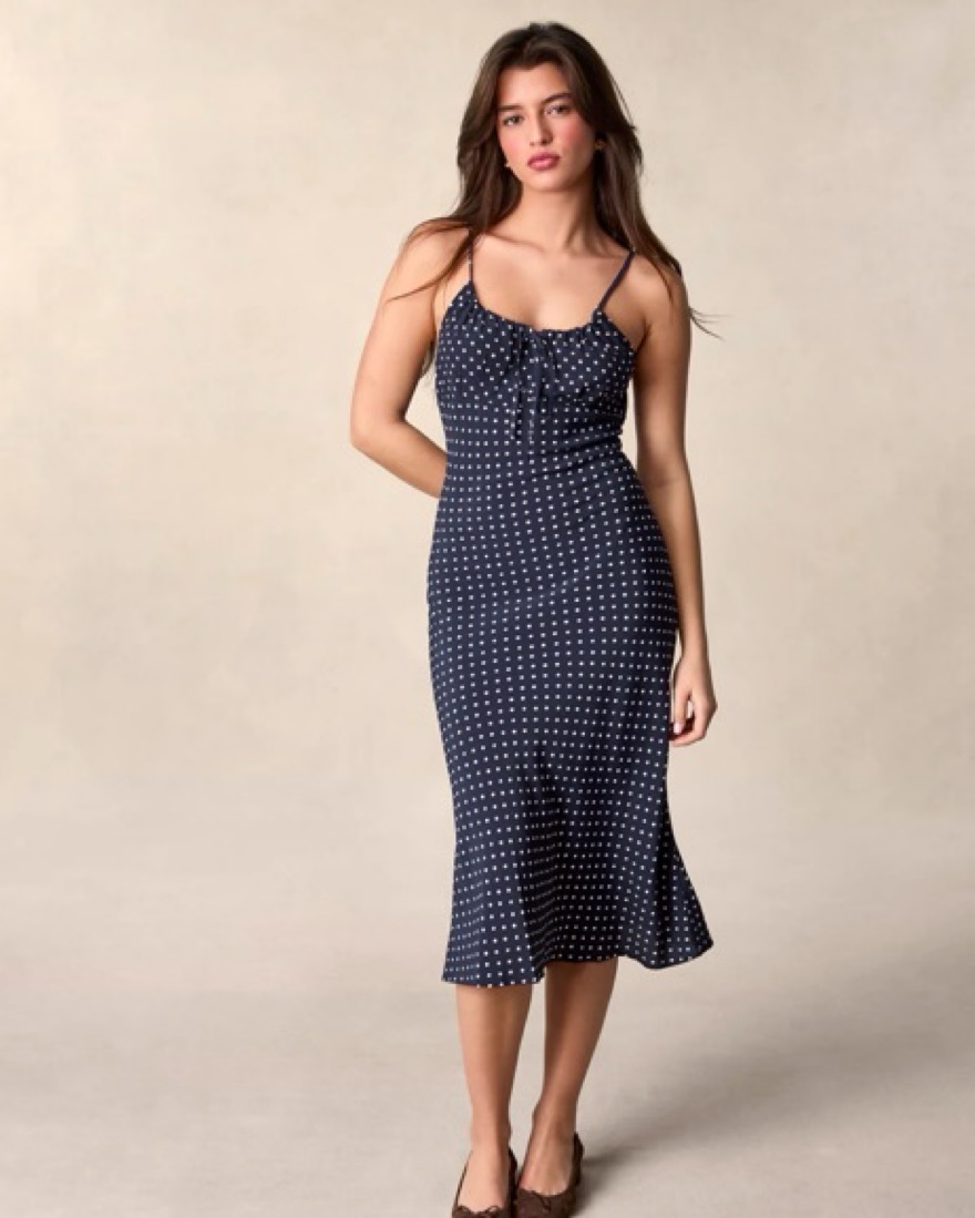 Jacquard midi dress with thin straps | Rouje