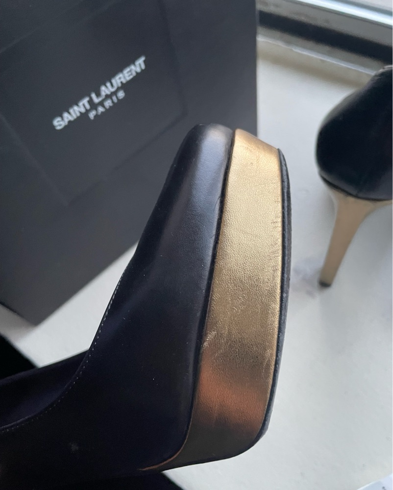 YSL Black And Gold Heels by Saint laurent - Pickle