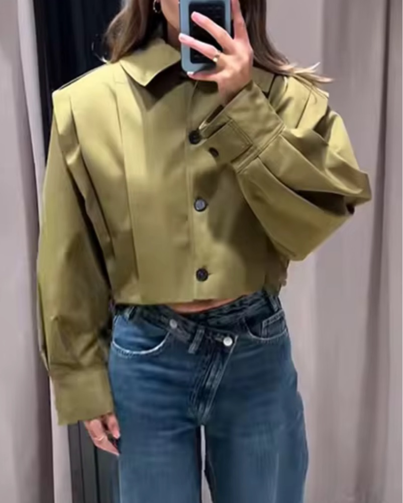 Zara Cropped Pleated Olive Green Jacket by Zara - Pickle
