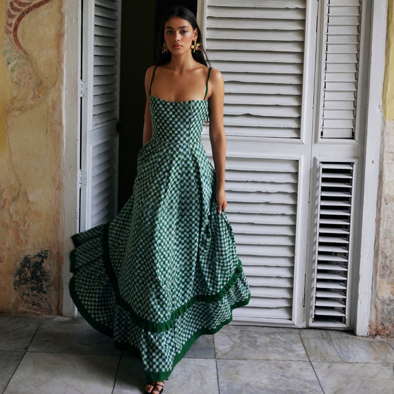 green check maxi dress Frankey Strapless Drop Waist Maxi Dress Green Check