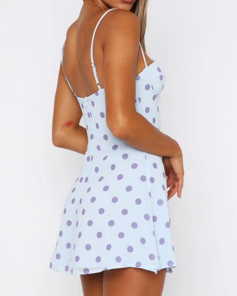 blue and white polka dot dress ASYMMETRICAL WRAP LONG DRESS in blue and white polka dots – Marcia Wear