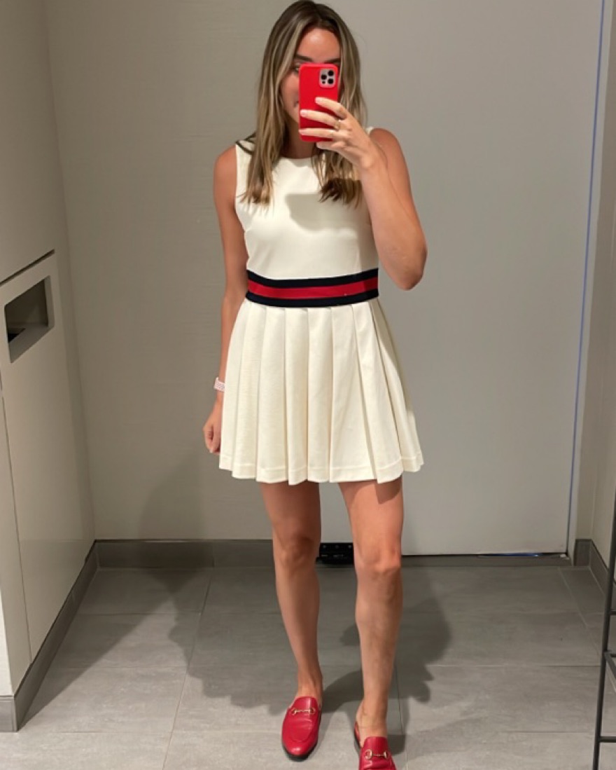 GUCCI★素敵！Technical Jersey White Pleated Tennis Dress AUTH.GUCCI GUCCI Embroidered Technical Jersey White Pleated