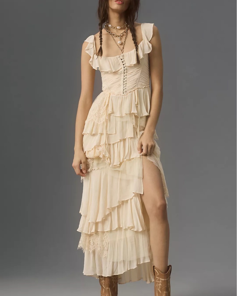Anthro - Corset Tiered Lace Ruffle Dress by Anthropologie - Pickle