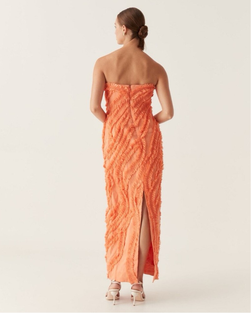 aje orange ruffle dress Aje Orange Raffia Fringe Knit Dress by Aje