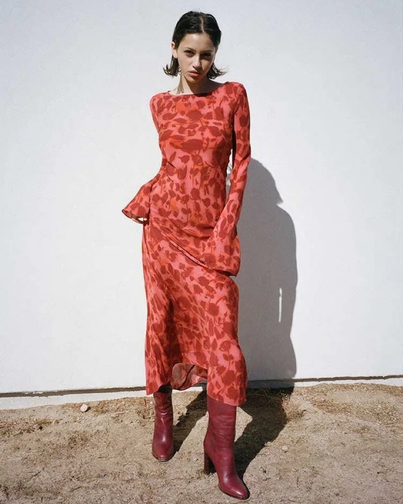 The Gia Havana | Long Sleeve Red Floral Silk Maxi Dress
