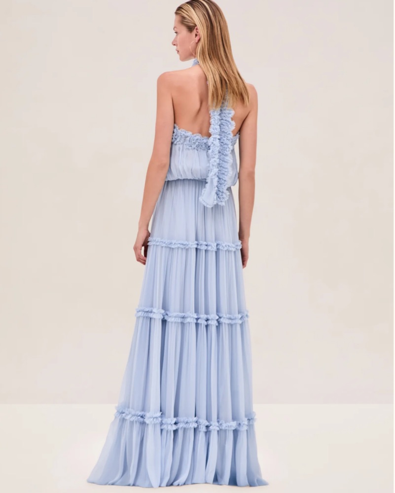 blue satin drape dress Maureen | Powder High-Neck Draped Maxi making it the perfect Size:36/36 Blue Silk Cotton Floral COUNT-18