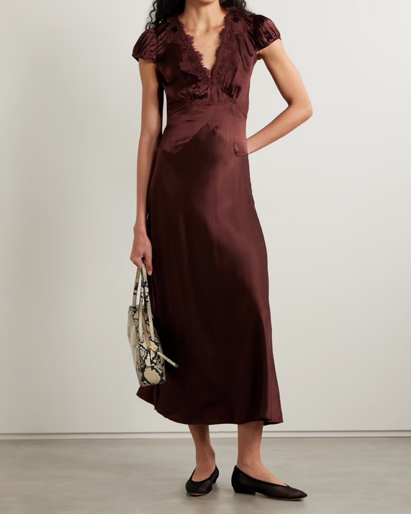 delaynee silk dress DEN Coraline corded lace-trimmed silk-satin midi dress