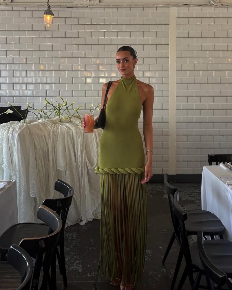 green and pink dress wedding guest V NECK FRINGED MIDI DRESS – HERVÉ LÉGER main image 1