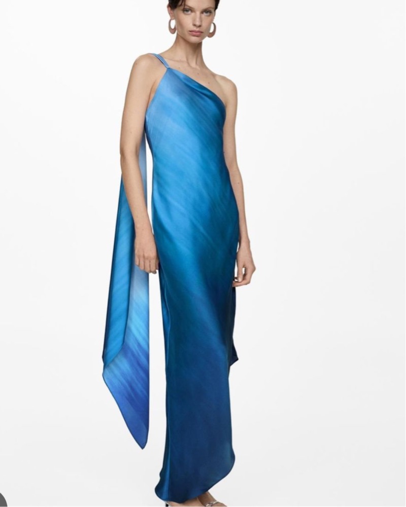 mango blue dress one shoulder Asymmetrical satin dress - Women