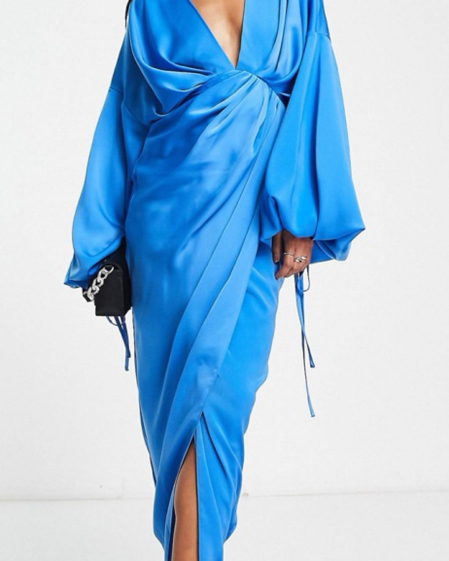 blue satin plunge dress Women's Navy Satin Plunge Drape Maxi Dress