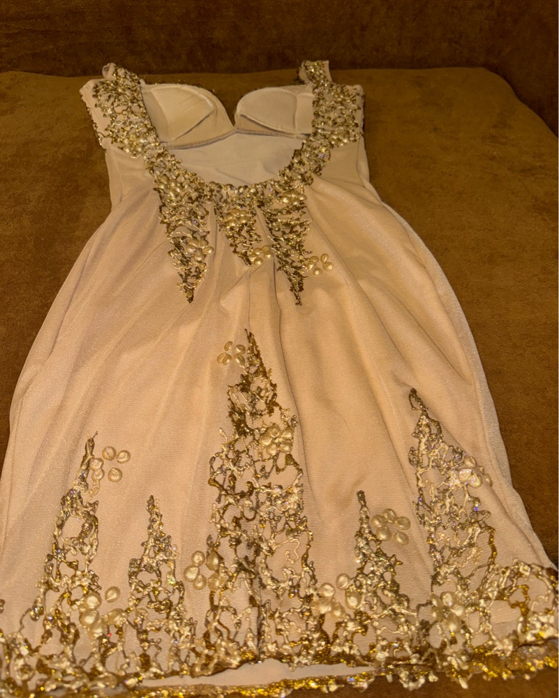 gold and white cocktail dress Ivory Gold Bead Embroidered Floral Dress - Midi Dresses main image 1