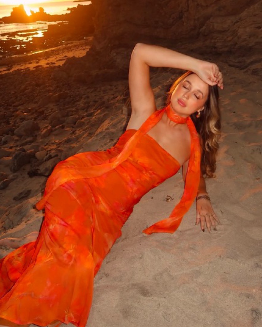 orange sunset dress Sadie & Sage: Ridge Pleated Midi or gameday celebrations Mare Sunset Orange Dress XL
