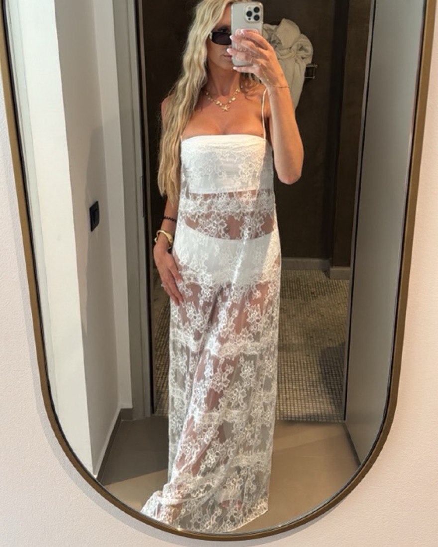 white sheer flowy dress Plot Twist White Sheer Halter Maxi Dress With Built-In Bodysuit, S main image 1