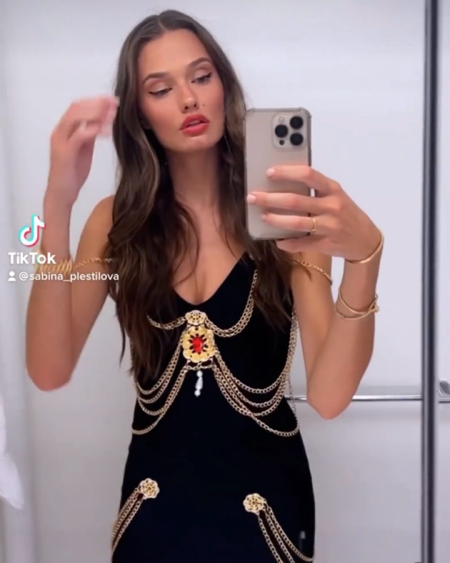 chanel dress gold chain Strapless Two Tone Sequin Dress – Showroom56 main image 0