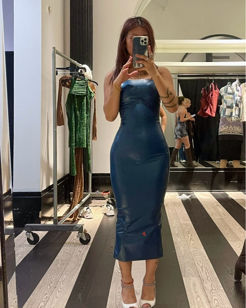navy blue midi dress Self-Portrait - Navy Bandeau Polka Dot Satin Midi Dress