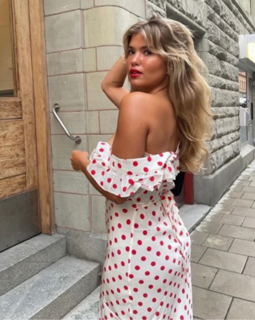 red and white polka dot dress realisation par Allegra Aura | Red Spot Silk Maxi Dress