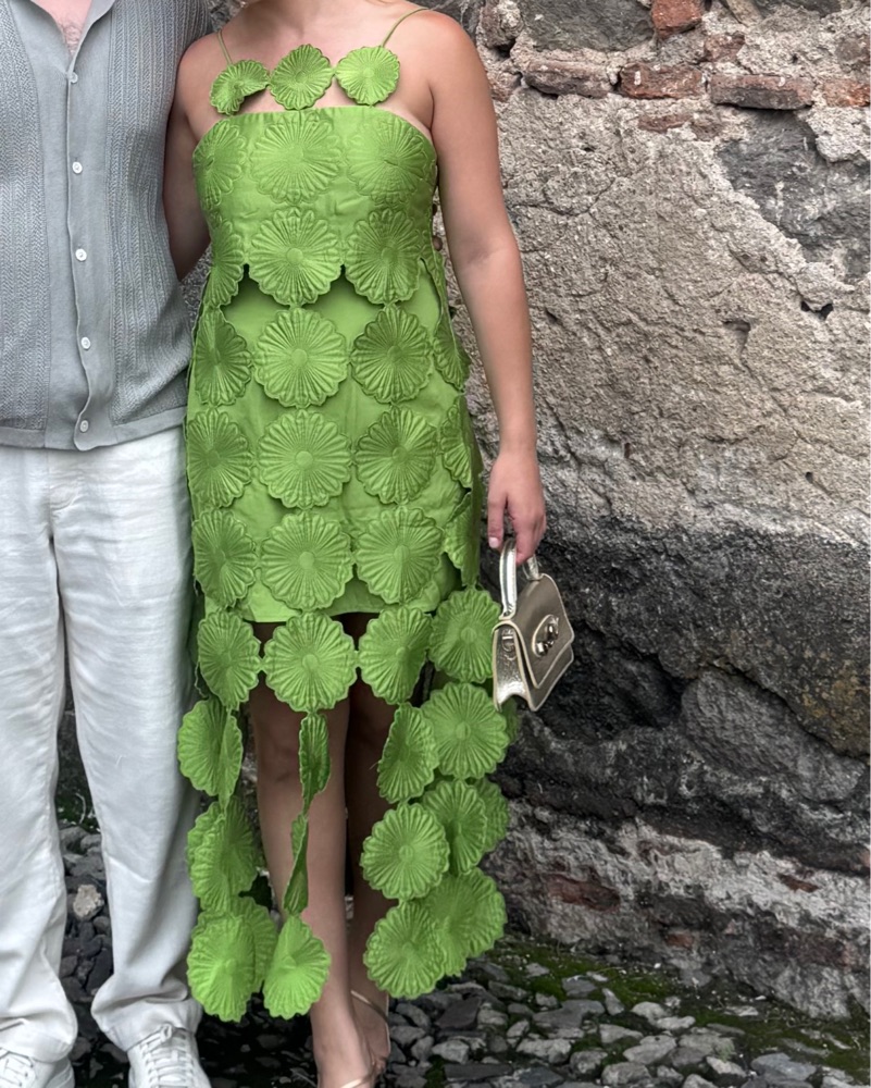 arrange cutwork floral midi dress with fringe hem in green Green Flutter Sleeve Embroidered Midi Dress main image 1