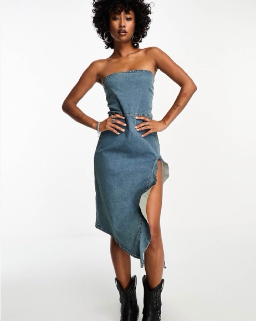 bershka denim dress long Bershka long denim dress with straps in mid blue