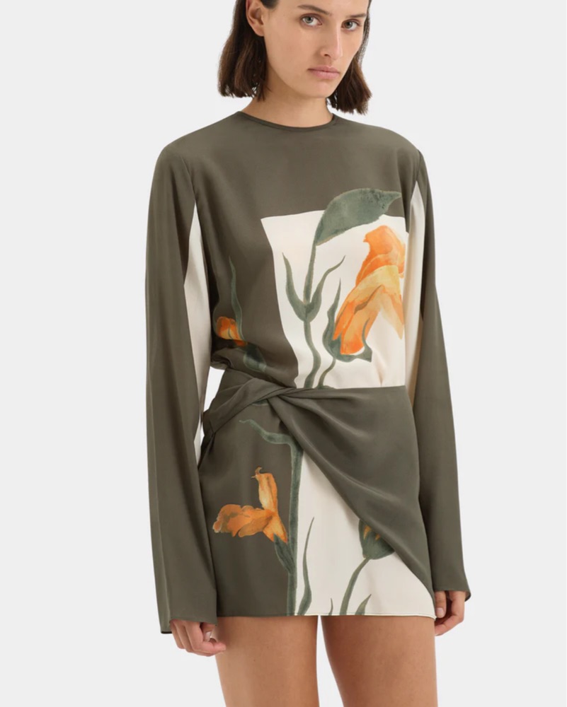 sir the label constance midi dress Constance Twist Mini Dress | Green & Orange Iris Floral