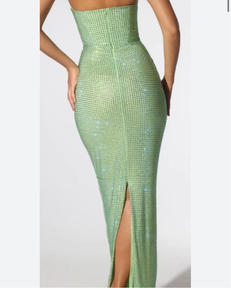polly formal high slit sequin dress Cowl Neck Satin Lime Green Midi Dress