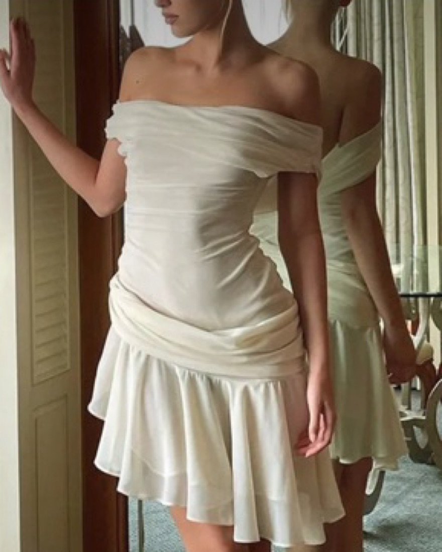 white off the shoulder dress puff sleeves Classy Knee Length Satin Corset Dress with Puffed Sleeves
