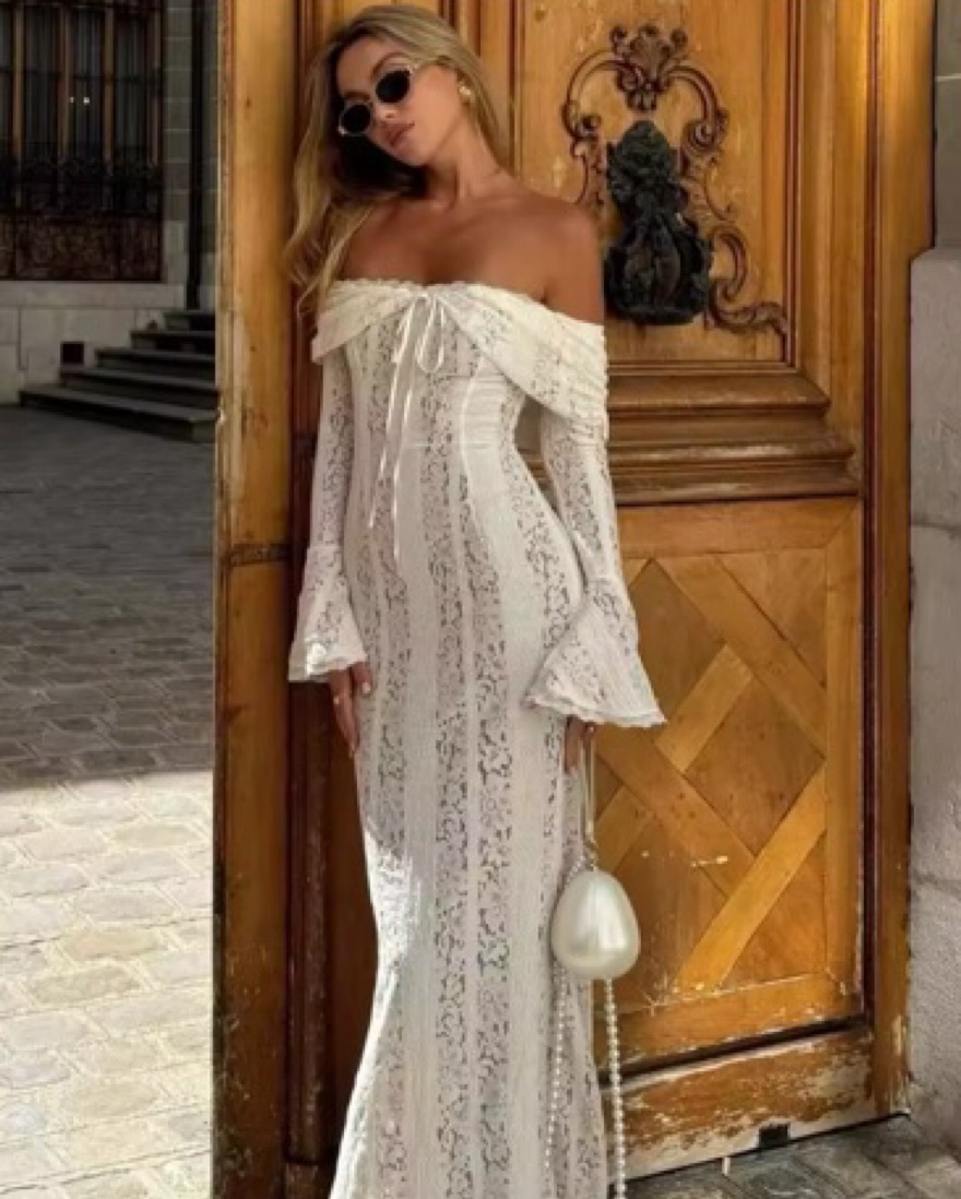 Elegant Floral Lace Off-Shoulder Maxi Dress by Other - Pickle