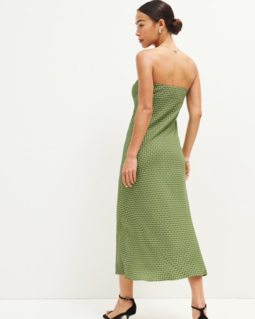 reformation lee dress グリーン パフスリーブ ミディドレス Reformation Strapless Green Dress | Pickle
