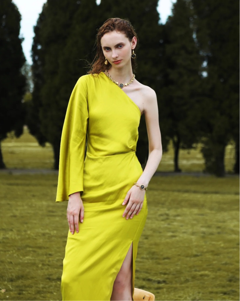 zara one shoulder dress green Vintage Yves Saint Laurent Green Silk Chiffon Ruffled Goddess Evening –  Basha Gold main image 0