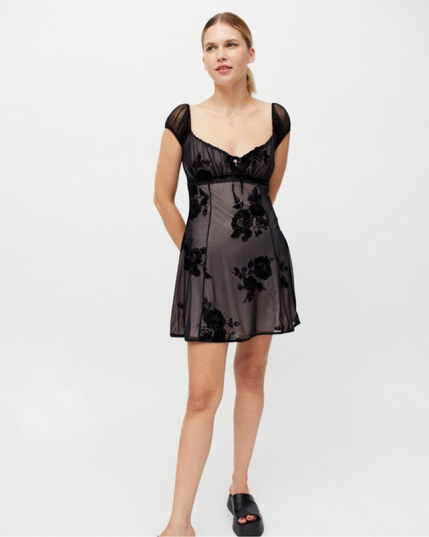 urban outfitters gothic mesh babydoll dress Motel Damiera Mesh Tie-Strap Babydoll Mini Dress