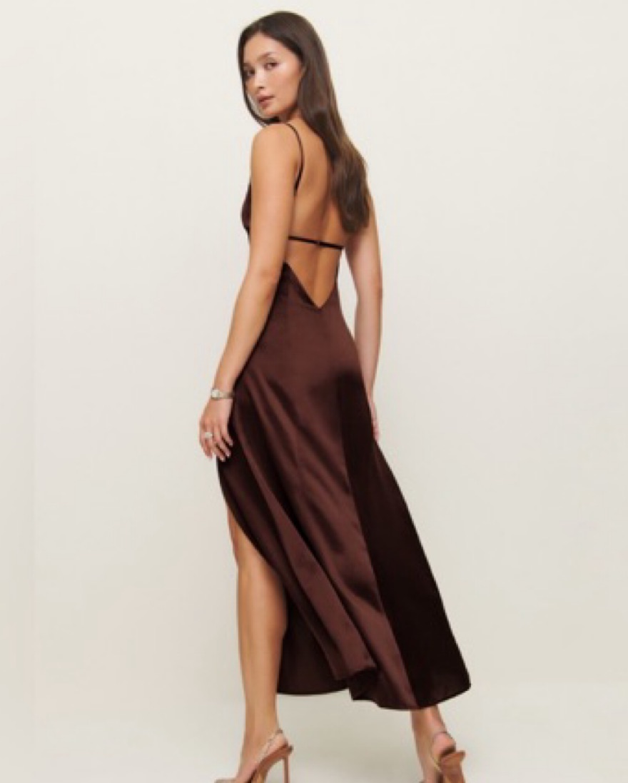 melina silk dress Melina Asymmetric Sleeve Drape Maxi Dress, Brown  M