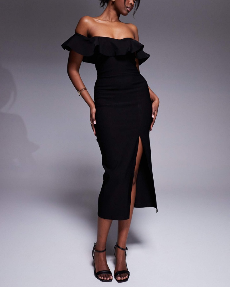 asos black off the shoulder dress Elegant Off-Shoulder Black Midi Dress by ASOS