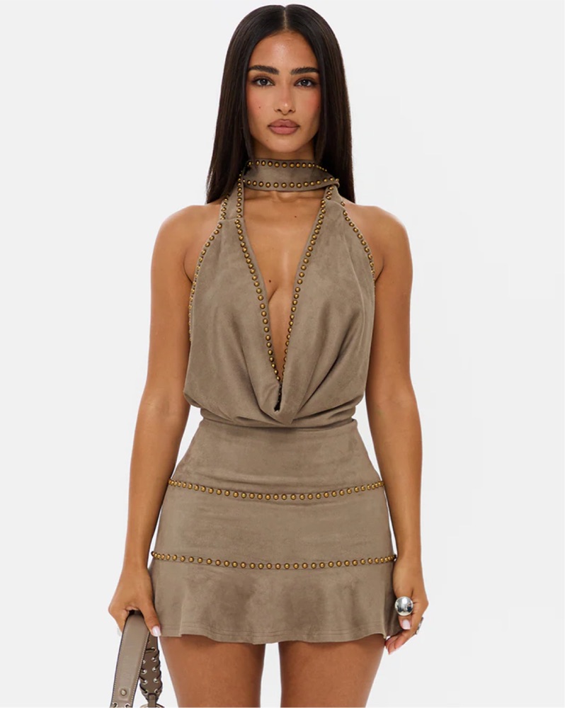 Suede Studded Mini Dress by Murci - Pickle