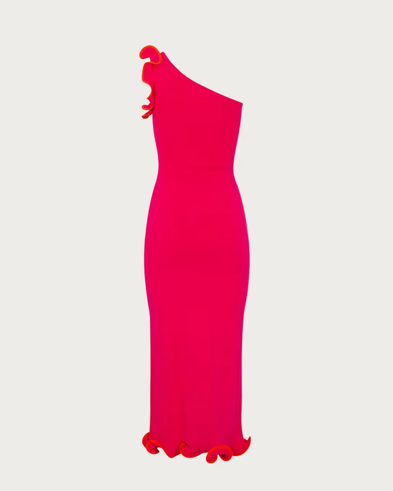 SAME Ruffle Hem One Shoulder Midi Dress by SAME - Pickle