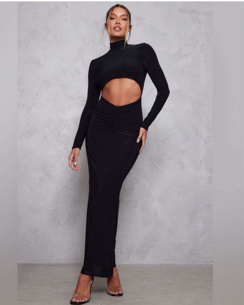 black slinky dress Black Slinky Long Sleeve Drape Maxi Dress