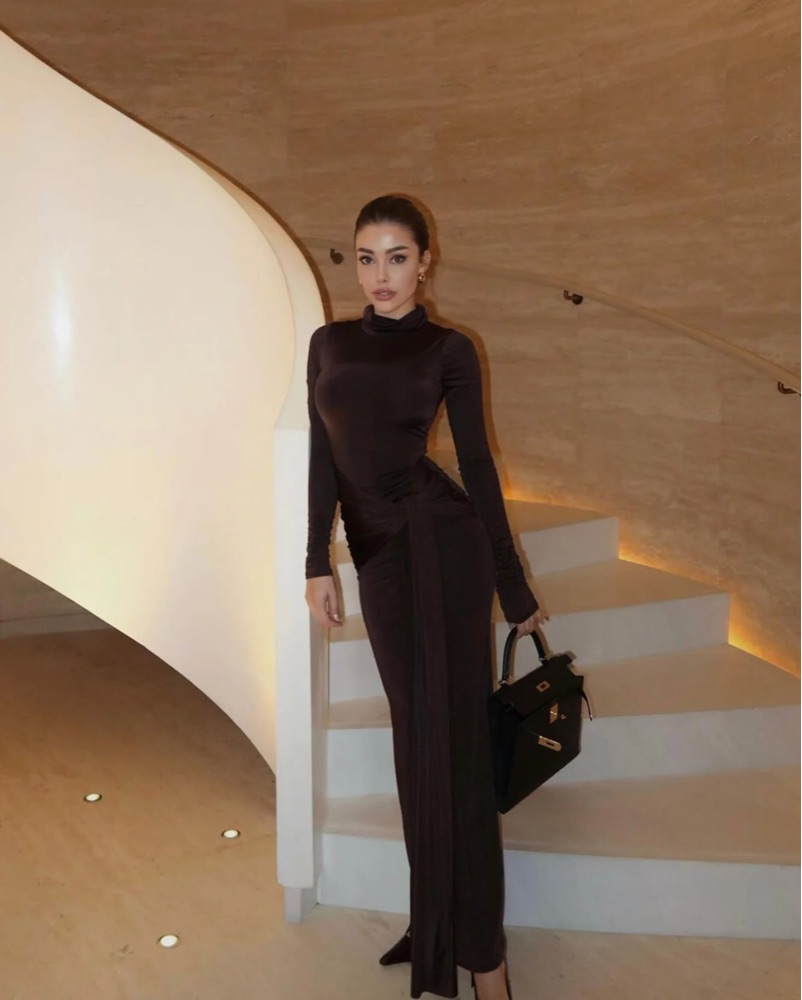 Elegant Long Sleeve Brown Maxi Dress by Fashion Nova - Pickle