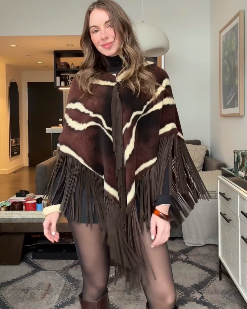 Vintage 60's Leather Fringe Poncho by Vintage - Pickle