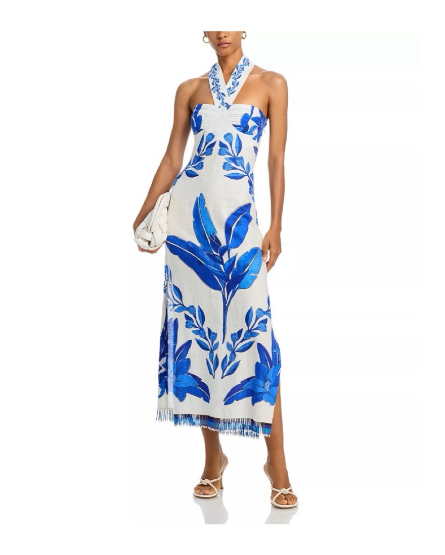 farm rio blue yard halter dress Navy Blue Embroidered Richelieu Midi Dress